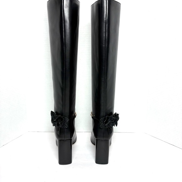 NEW Tory Burch Black Leather Blossom Boots Tall Gold Chain Flower Glam Sz 6 - Picture 6 of 14